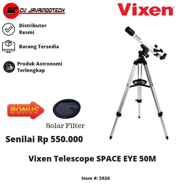 Teleskop Pemula Vixen Space Eye 50mm, Alat Observasi Langit dengan Lensa Objektif 50mm, Cocok untuk 