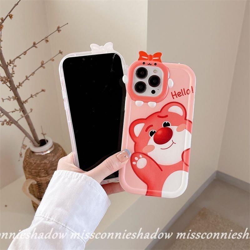 Case Compatible Untuk iPhone 11 Pro Max8 7 6s 6 Plus XR 14 13 12 Pro Max14 Plus X XS Max SE 2020 Kartun Sweet Strawberry Bear Manyo Cute 3D Bow-knot Little Monster Lens Soft Cover