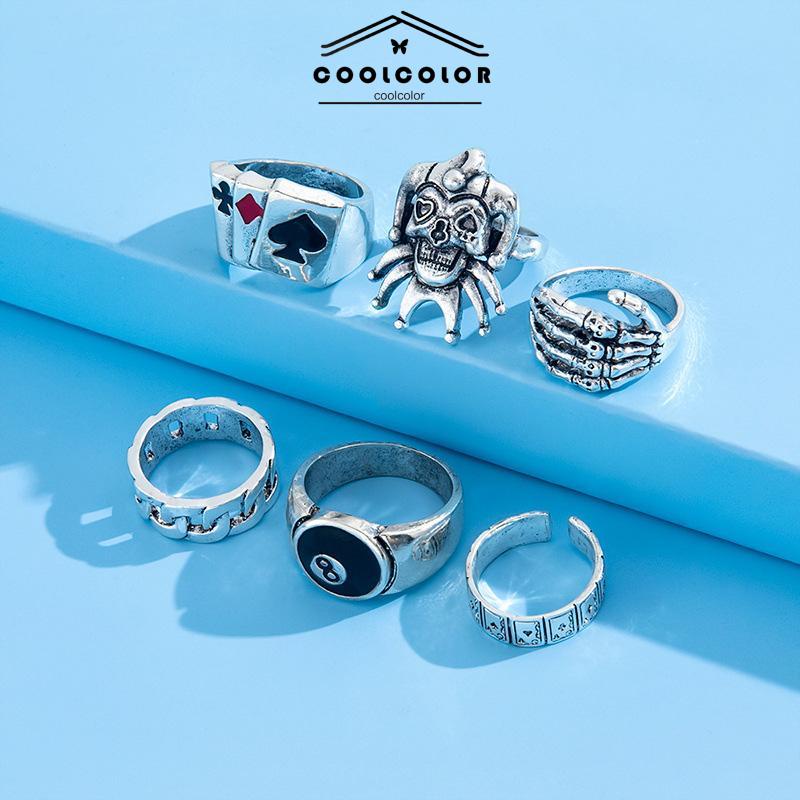 COD❤️6PCS/Set Cincin Unisex  Punk Membesar-besarkan  Badut Poker Cakar Hantu Tengkorak  Perhiasan Bulat Nomor 8- cl