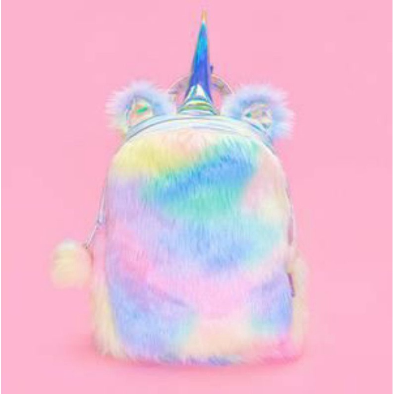 BIG SALE 7.7 COD Ransel Wanita / Anak Mini | Fluffy Unicron Mini Backpack Hologram  Rainbow | Bahan Bulu import dari korea dan disertai bahan hologram| Murah Bisa COD