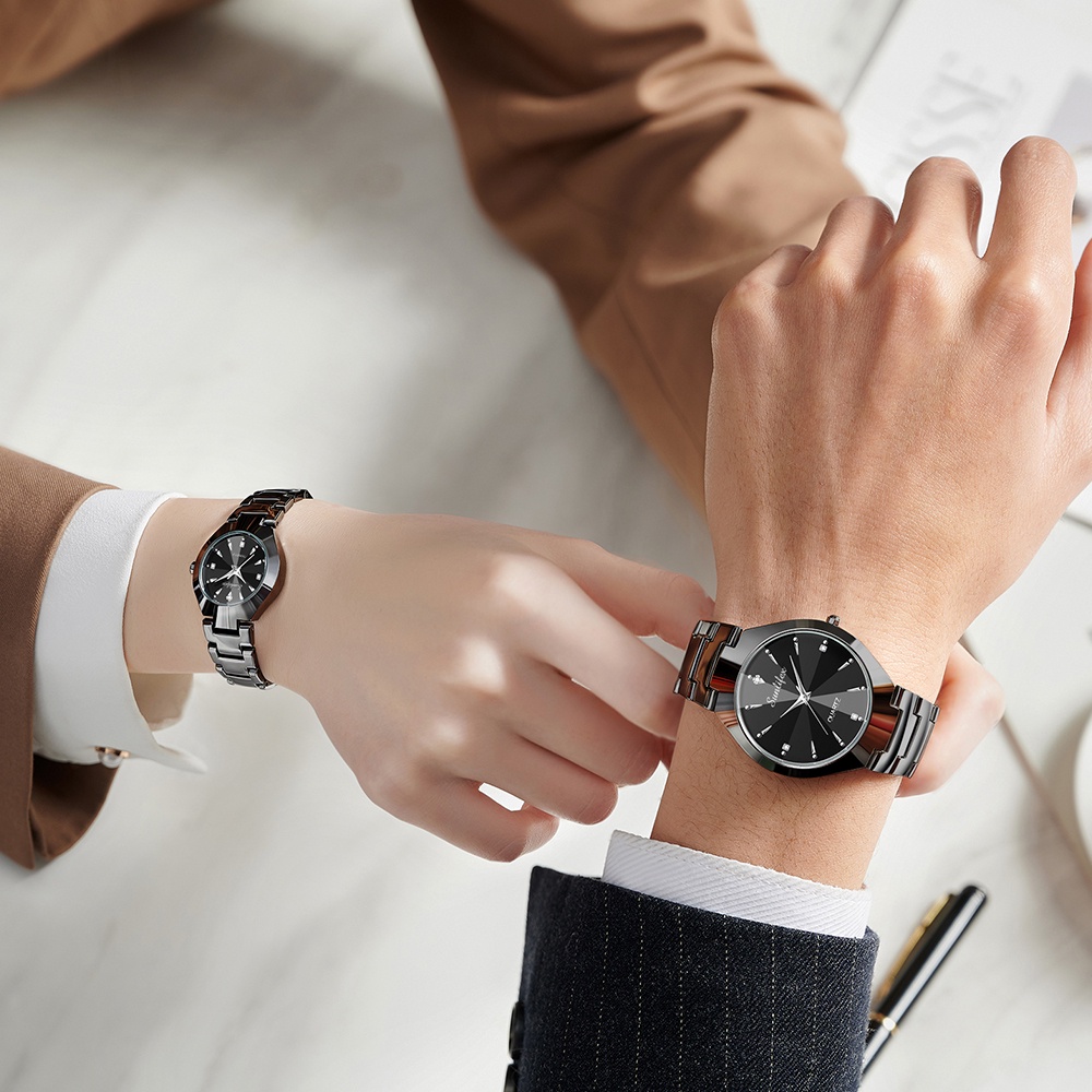 Sunlifex Jam Tangan Couple 9090-M+SL9090-W Stainless Steel Berlian Anti Air Analog Bisnis Kuarsa Jam Tangan Wanita/Pria-2