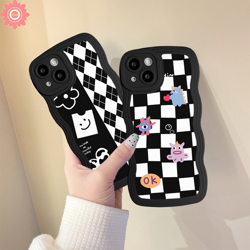 Case Compatible For iPhone 6 6s 8 7 Plus 11 14 13 12 Pro Max 14Plus XR X XS Max SE 2020 Wavy Edge Diamond Grid Chessboard Cartoon Little Monster Soft TPU Cover