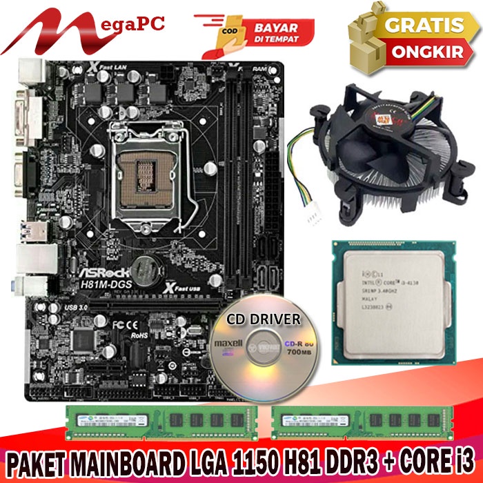 Paket Mainboard Lga 1150 H81 DDR3 + Core i3 + Fan + Ram