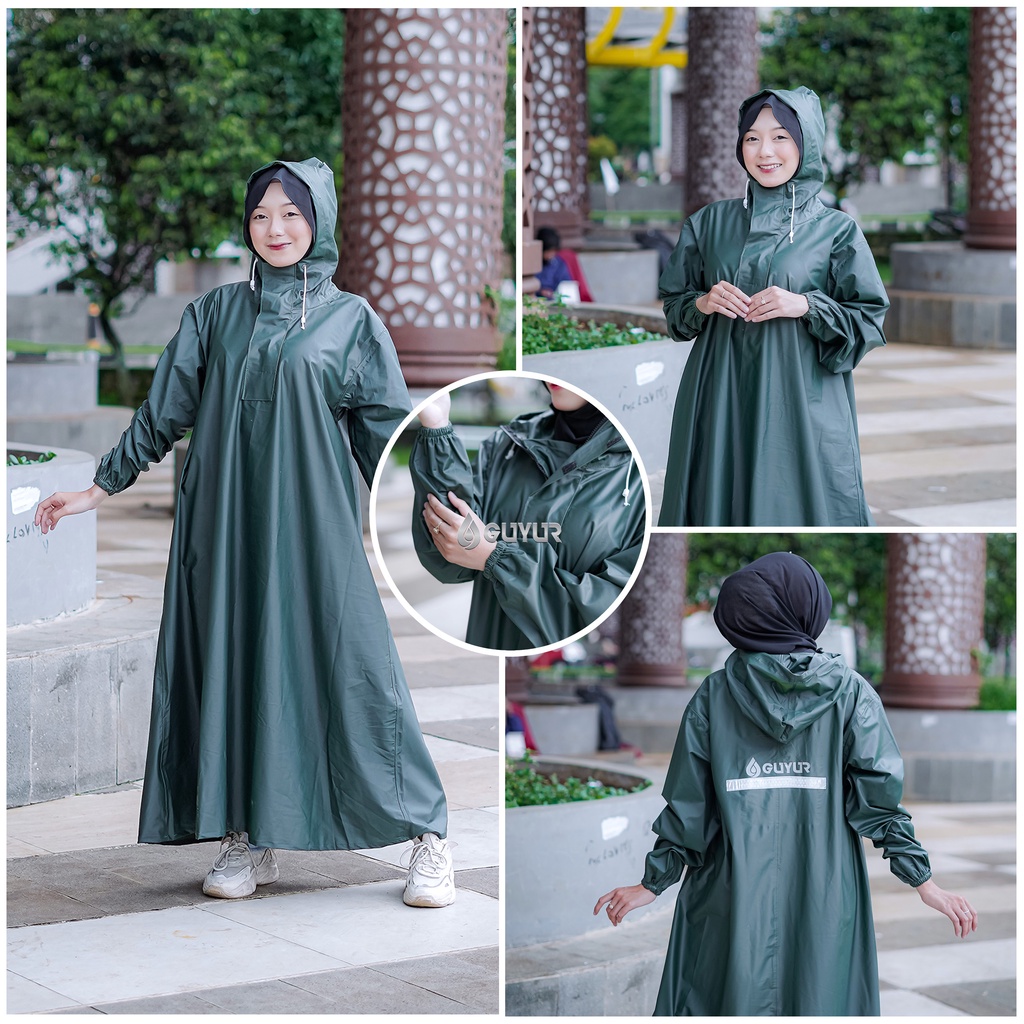 jas hujan jumbo / big size raincoat wanita muslimah hijab model gamis terusan rok syar'i bahan impor  waterproof zipper