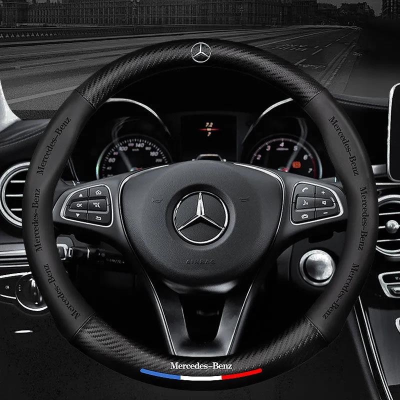 Untuk Mercedes Benz Penutup Setir Serat Karbon Mobil carbon fiber leather steering wheel cover Untuk W210 W124 W203 W204 C200 W140 W176 W205 W123 W220 W211 W212 GLA GLB AMG