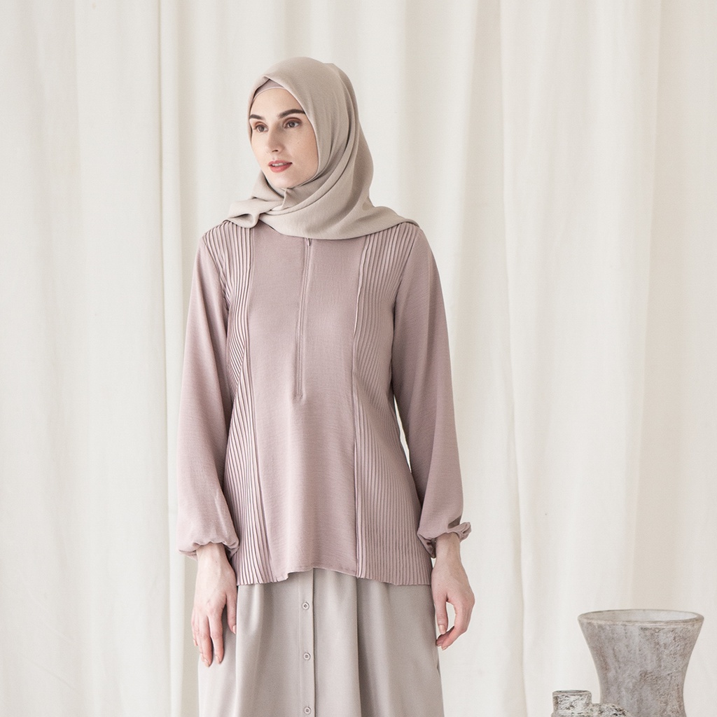 Asmara by Aska Label - atasan wanita plisket blouse wanita pleats bahan crinkle warna lilac, pink mauve, coklat mocca