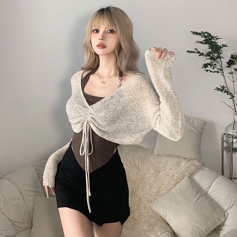 ✹Suhao Whatiwear Hot Girl Suasana Irregular Apron Menggantung Leher Suspender Wanita + Lengan Panjang T-shirt Dua Pakaian Kasual