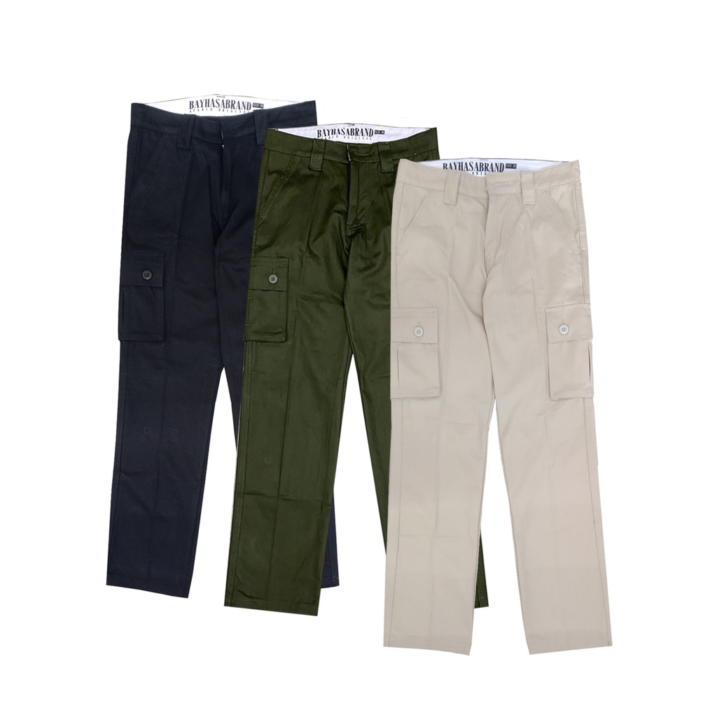 Afkrco Celana Panjang Cargo Cotton Twill Hijau Botol , Cream , Hitam