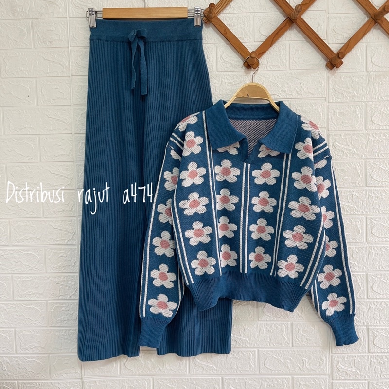 ONESET SWEATER AGNES MOTIF BUNGA SETELAN CELANA KULOT RAJUT