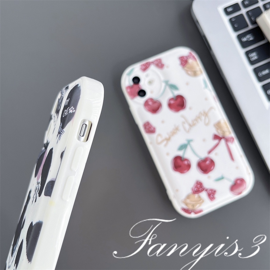 Compatible For iPhone 14 13 12 11 Pro Max X XR Xs Max 8 7 6 6s Plus SE 2020 Kompatibel Untuk Sweet Cherry Black Cat Phone Case TPU Soft Cover Pelindung