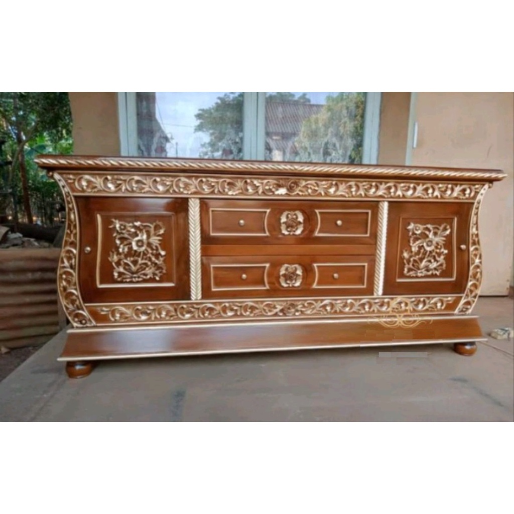 Bufet TV 2meter furniture bufet biola kayu jati 2 laci meja tv kayu jati ukir Jepara/furniture rumah