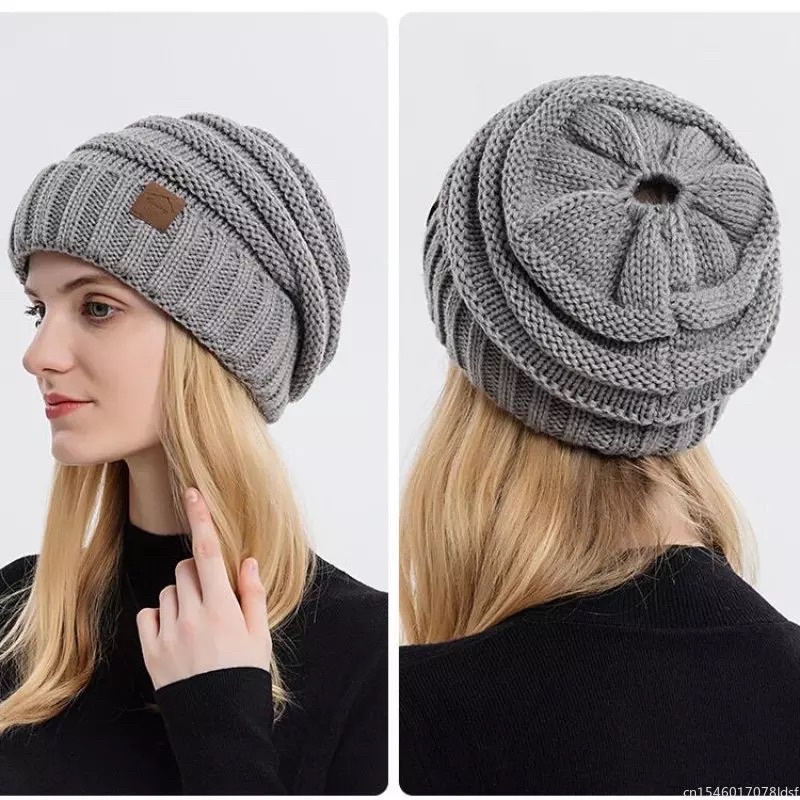 Topi kupluk rajut hangat Knit Winter Beanie Hat Ponytail