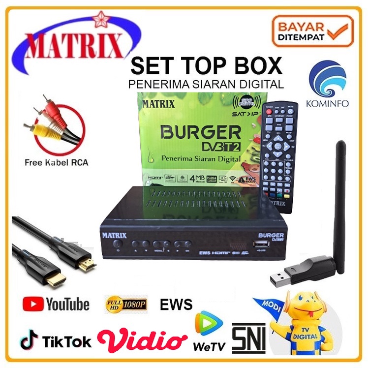 Set Top Box Matrix Burger DVB-T2 Free HDMI+Dongle WiFi Digital Full HD Youtube TikTok