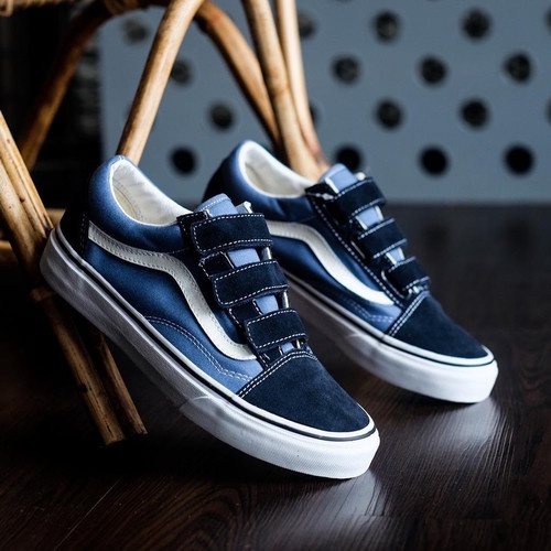 Sepatu Vans Oldskool Velcro biru navy Sneakers Pria Kets Hitam Putih Kado Hadiah Sekolah Kuliah Kerja
