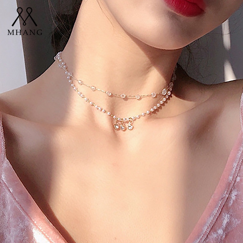 Retro Mewah Drop Zirkon Multilayer Kalung Elegan Mutiara Tumpang Tindih Kalung