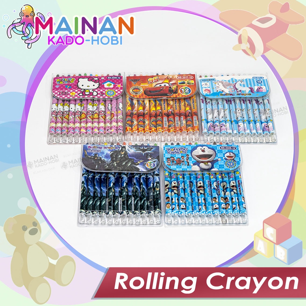 ALAT TULIS STATIONERY ROLLING CRAYON PANJANG PUTAR KARAKTER ANIME KARTUN SUPERHERO