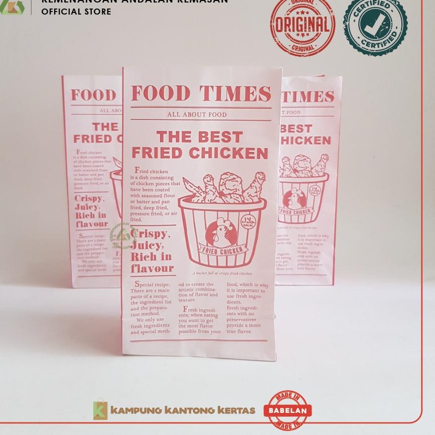 

>V44859) Kantong Fried Chicken , Kemasan Ayam Fried Chicken , Bungkus Fried Chicken , Paper Bag Fried Chicken - FOOD TIMES isi 100 pcs