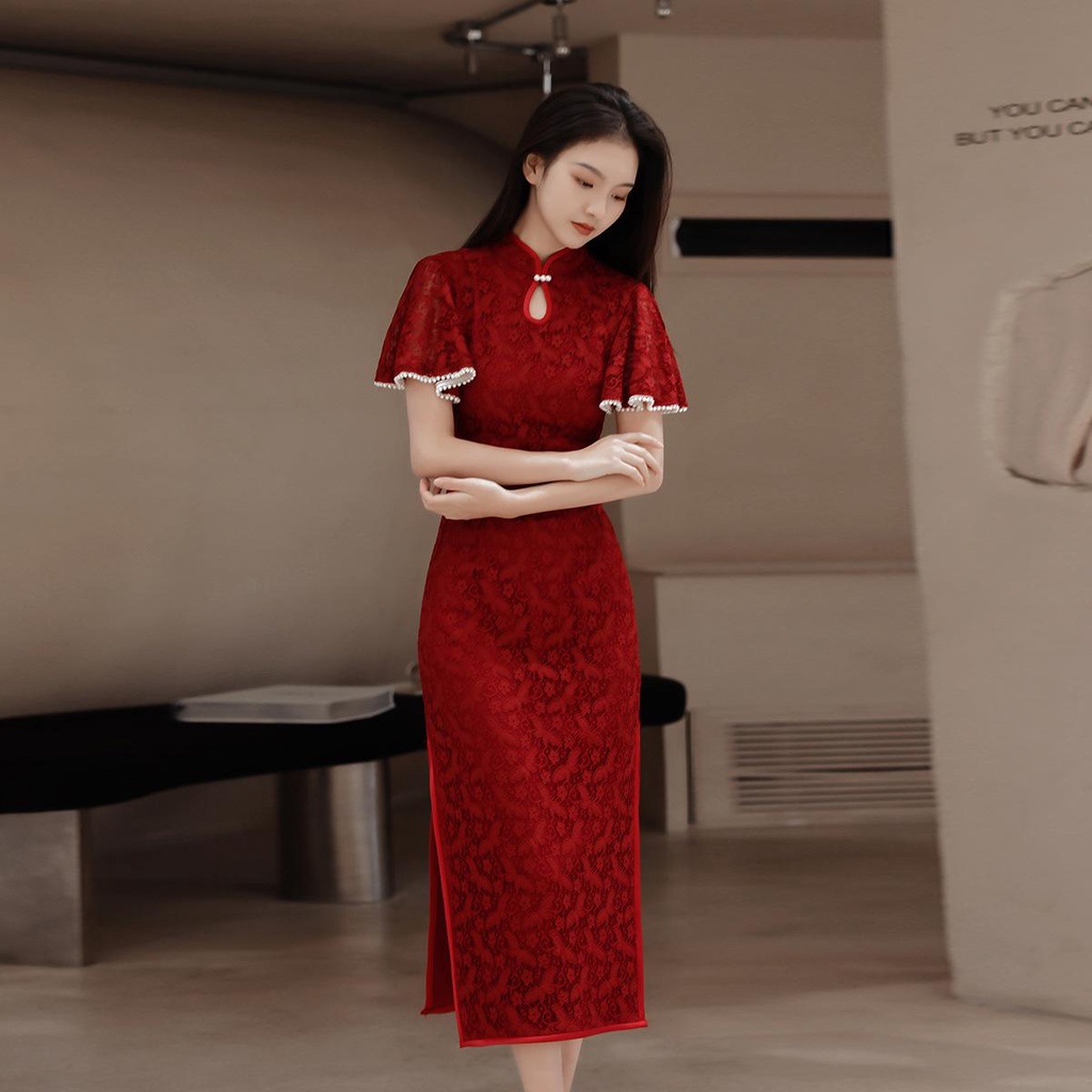Cheongsam Gaun Dress Merah Qipao Pernikahan Hanfu Modern