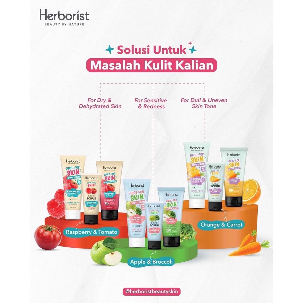 HERBORIST Juice For Skin Exfoliating Gel Scrub Indonesia / Scrub Tubuh 150ml / Plus Nutri-Collagen &amp; Hyaluronic Acid 10x Vitamin E / Refreshing Soothing Hydrating Brightening Peeling / Orange Apple Raspberry Extracts Skincare Body Care Face Mineral Lotion