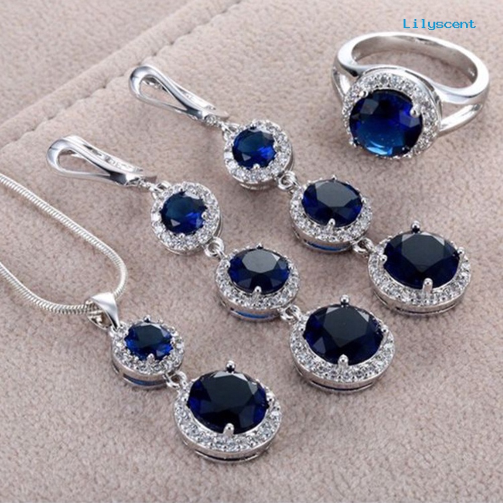 [LS] Wanita Faux Gemstone Cubic Zirconia Pendant Kalung Anting Cincin Set Perhiasan