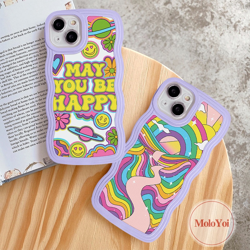 IPHONE Casing Case Compatible Untuk Iphone6 6s 78 Plus 11 13 12 14 Pro Max XR X XS Max14 Plus 7Plus 8Plus SE 2020 Wavy Edge Casetify Warna Warni Rainbow Smile Wish You a Happy Label Soft TPU Cover