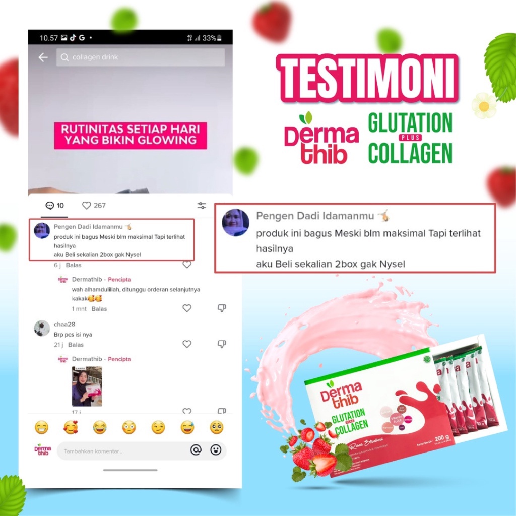 [ FREE GIFT ] Dermathib Collagen Drink Glutation Strawberry  - Dermatib Minuman Kolagen Pemutih Badan Colagen Beauty Original BPOM