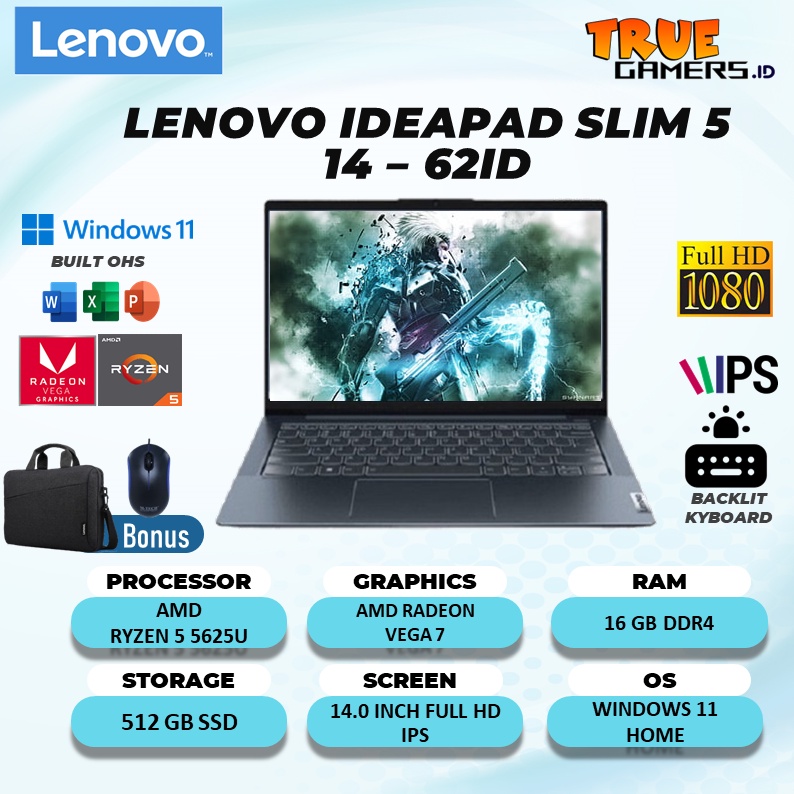 LAPTOP LENOVO IDEAPAD SLIM 5 RYZEN 5 5625U RAM 16GB 512SSD VEGA7 WIN11 FREE OFFICE GARANSI RESMI