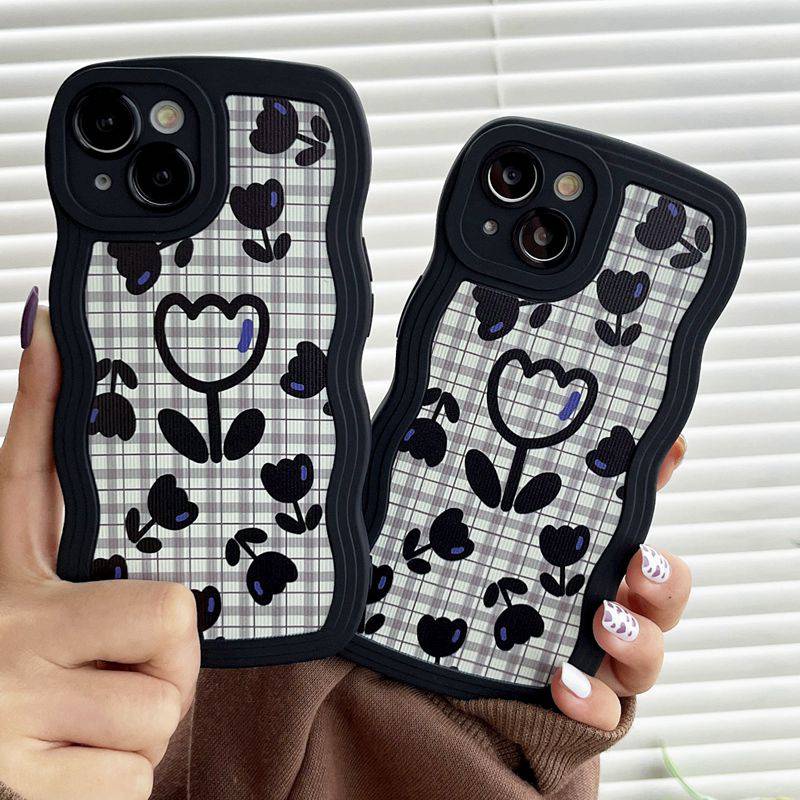 Houndstooth Flower Wave Soft Case OPPO Reno 5 6 7Z 8 A9 A5 A53 A33 A31 2020 A15 A15S A35 2021 A36 A76 A96 A57 A77 2022 F11 A83 A3S Realme C1 A7 A5S A12 A11K A55 A56 A55S 5G Black Casing