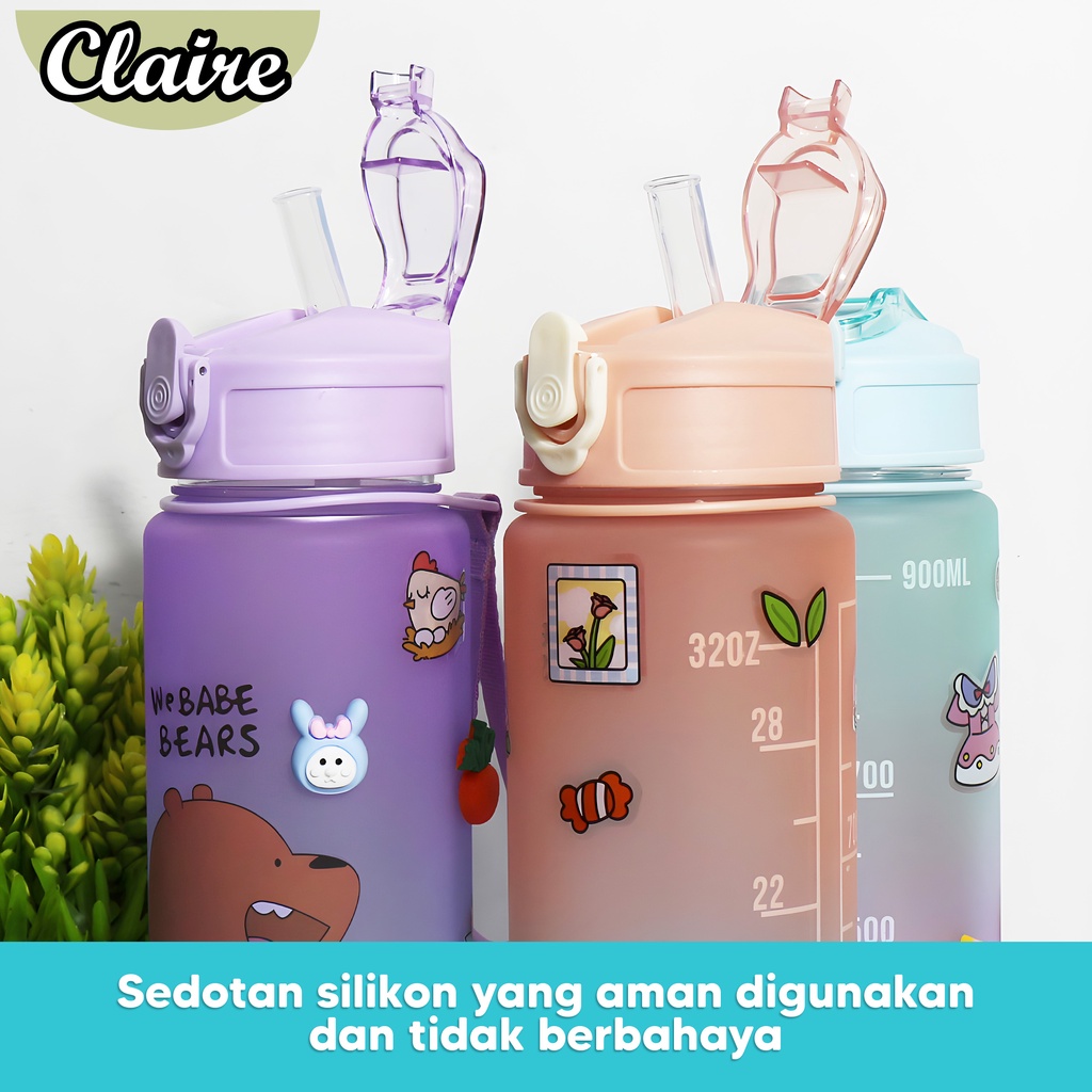 Botol Minum Warna Gradasi 900ml / Botol Minum Viral Penanda Waktu / Free Sticker 2D