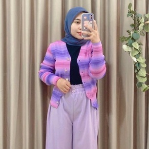 Cardigan Kancing Rajut Wanita Stripe Casual Outer Terbaru