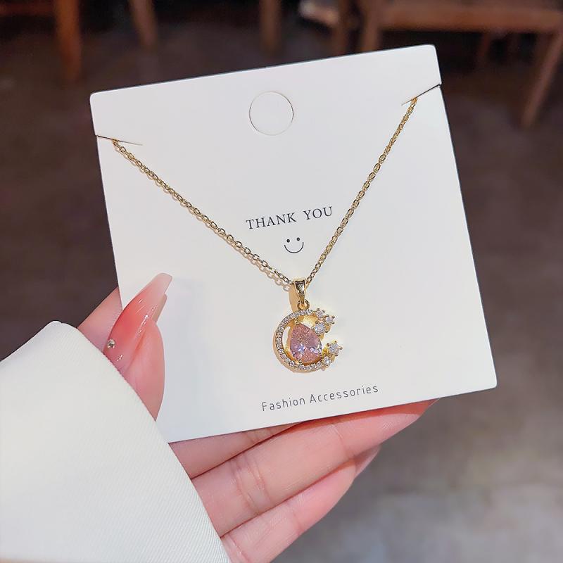 XiaoboACC Korea Fashion Pink Cubic Zirconia Moon Pendant Kalung Rantai Klavikula Bahan Titanium Steel Untuk Wanita - 40CM+6CM