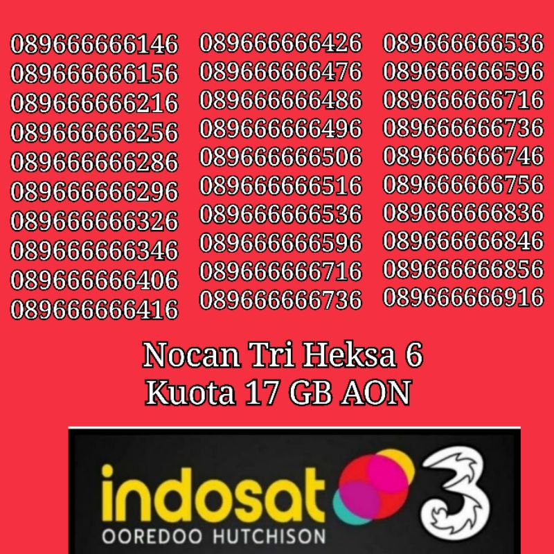 NOCAN Nomor Cantik Hexa Heksa 6 Tengah Kartu Perdana 3 Tri Three 4G LTE Kuota 18 GB NASIONAL REGULER