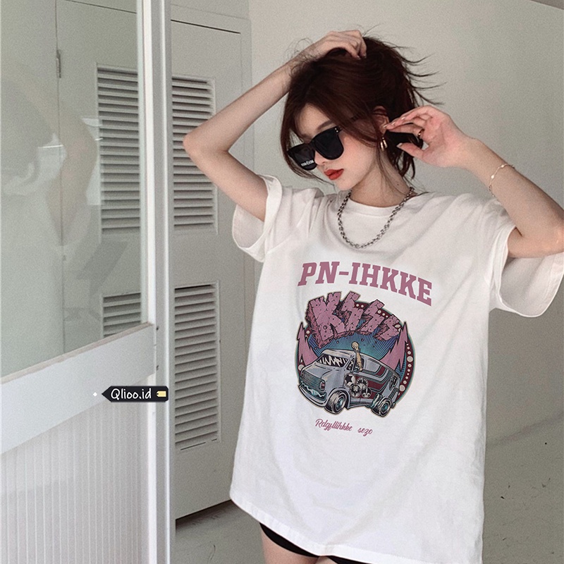 Print T-shirt Kaos Lengan Pendek Vintage Car Dog Atasan Wanita Korean Style