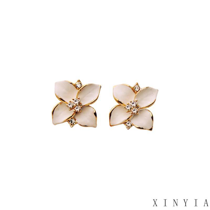 【Bayar di tempat】Four Petal Flower Earrings Diamond Inlay Minyak Menetes Halus Halus Perhiasan