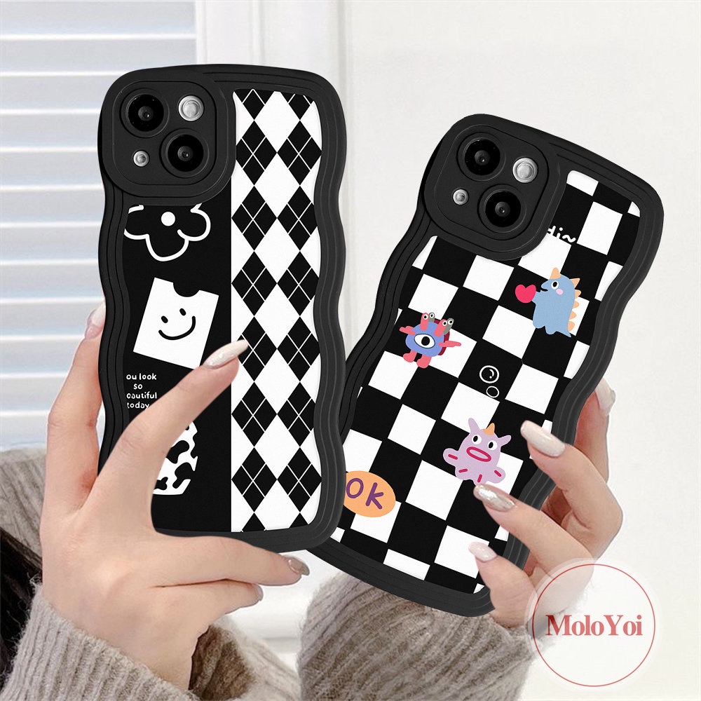 IPHONE Case Monster Kecil Kompatibel Untuk Iphone11 14 13 12 Pro Max 6 6s 8 7 Plus 14 Plus XR X XS Max SE 2020 Wavy Edge Kartun Diamond Grid Papan Catur Soft TPU Cover