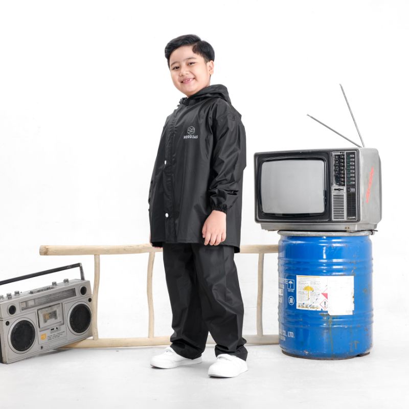 HOODJAS | Jas Hujan Setelan Anak / Raincoat Premium Bahan PVC NYLON Hitam / Mantel Anak Laki Laki Perempuan / Model Terbaru