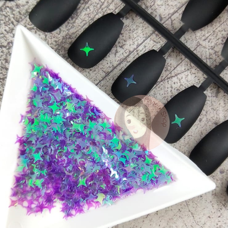 Part 1 - 500 pcs 4 Point Side Star Butterfly Heart Love Glitter Sequins Nail Art Manik-manik Kuku Wajah Craft Kosmetik Hiasan Kuku Eye Korean Make Up Handphone Decorations Wedding Party Cosplay Color Warna Warni