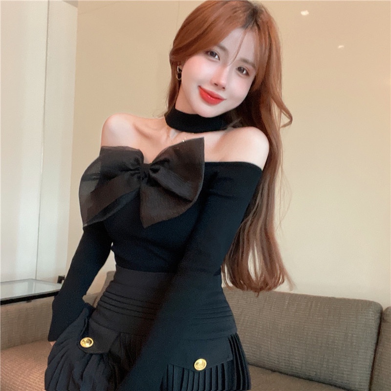 ♟Suhao satu-shoulder ikatan simpul halter leher sweater wanita musim gugur off-the-shoulder lengan panjang babes slim fit pendek bottoming top