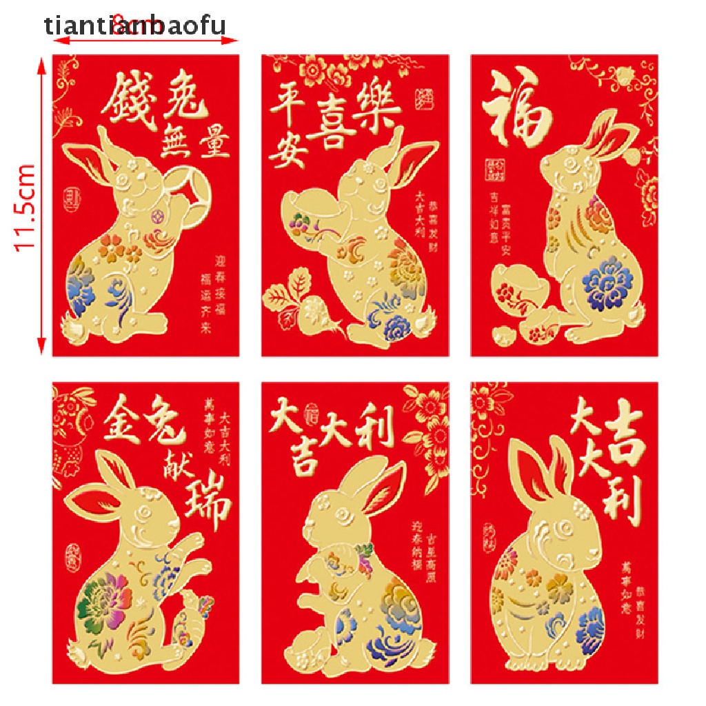 [tiantianbaofu] 6pcs Amplop Merah Imlek 2022tahun Tahun Paket Merah New Year Festival Musim Semi Kelinci Kantong Uang Hongbao Merah Hadiah Amplop Butik