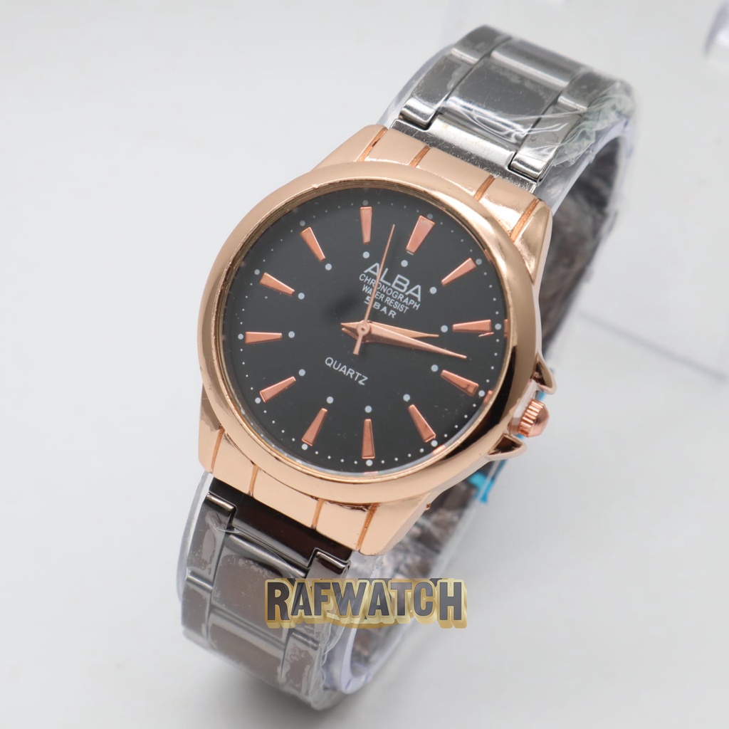 Jam Tangan Pasangan Pria Wanita Analog Casual Rantai Stainless Hitam Rose RPA6