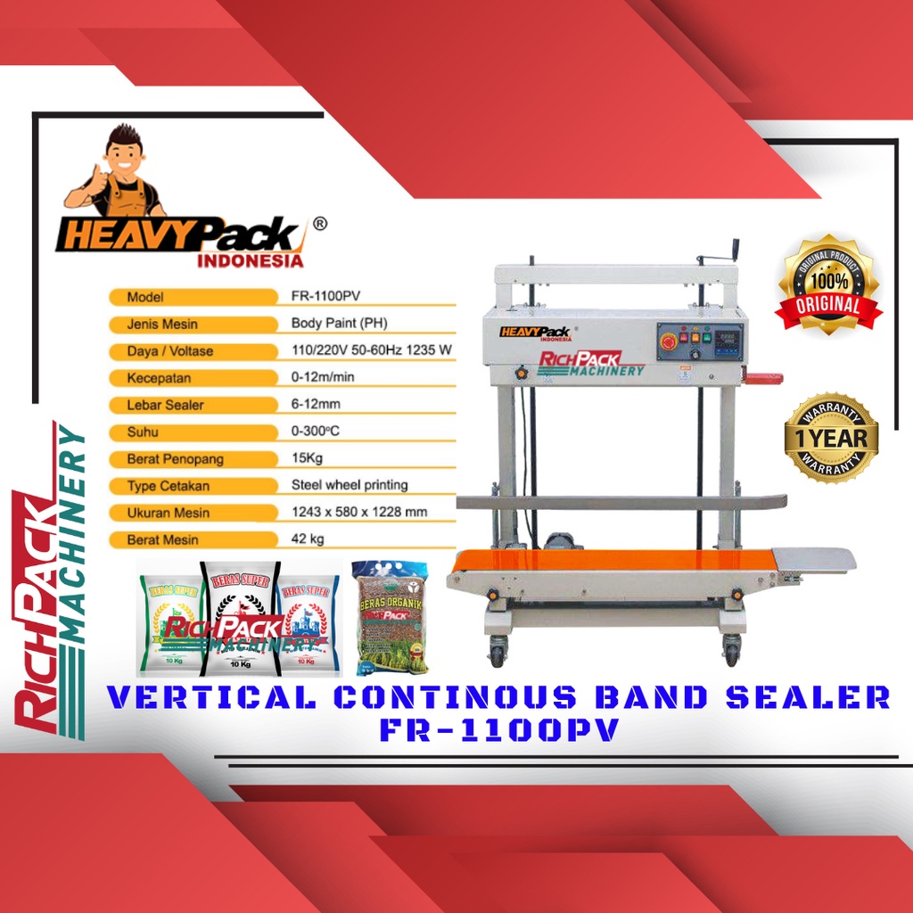 Heavypack FR-1100PV Vertical Continous Band Sealer Mesin Segel Plastik Mesin Seal Beras