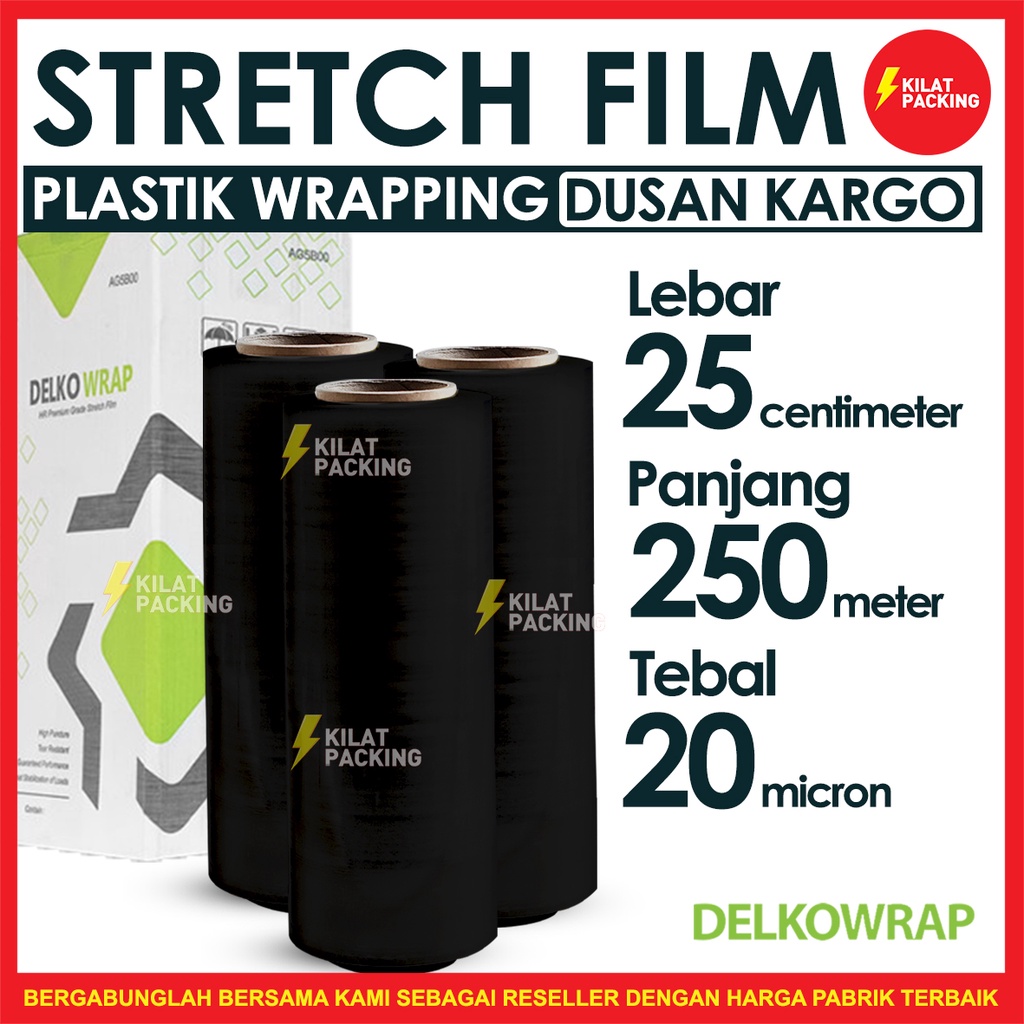 

PLASTIK WRAPPING Hitam 25CM X 250M STRETCH FILM DELKOWRAP PLASTIC WRAP 25CM DUS 12 Pcs