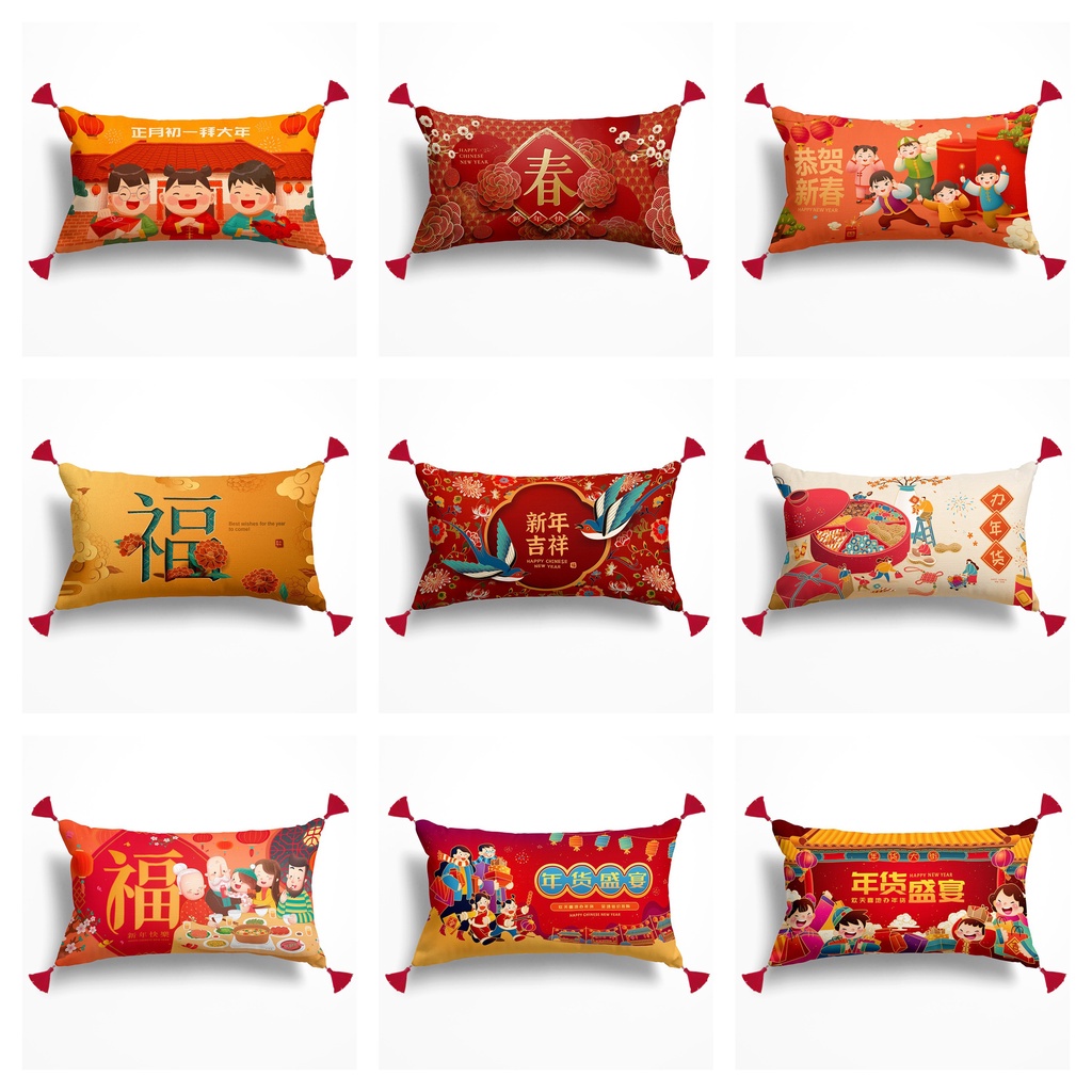 Bantal Sofa 60x30 dengan Tassel Gantung Motif Imlek Chinese New Year Sincia CNY Tahun Baru Pillow Cushion Bantal Dekorasi Kasur Sofa