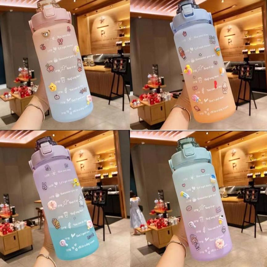BOTOL MINUM 2LITER LUCU / BOTOL VIRAL GRADASI RAINBOW MOTIVASI SKALA PENGINGAT WAKTU / TUMBLR BOTOL 