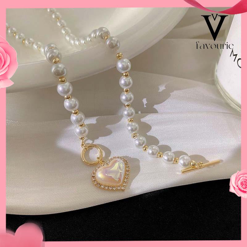 CODMewah Liontin Bentuk Hati Vintage Kalung Mutiara Wanita Elegan Rantai Klavikula Pesona-FA