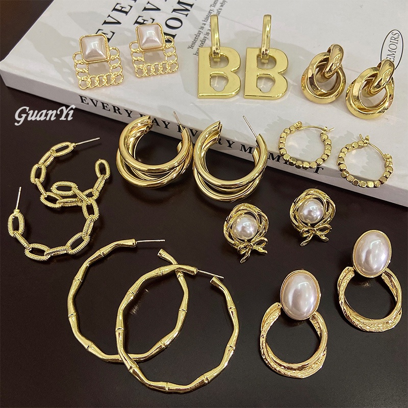 Anting Emas Retro Anting Emas Wanita Lingkaran -Anting Berbentuk Lingkaran Berlebihan Anting Mutiara Berlapis Emas