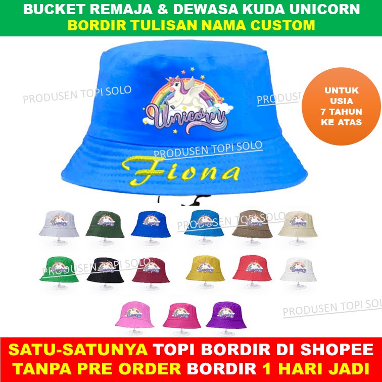 Topi Bucket Dewasa Unicorn Kuda Tanduk Custom Bordir Nama Untuk Remaja &amp; Dewasa