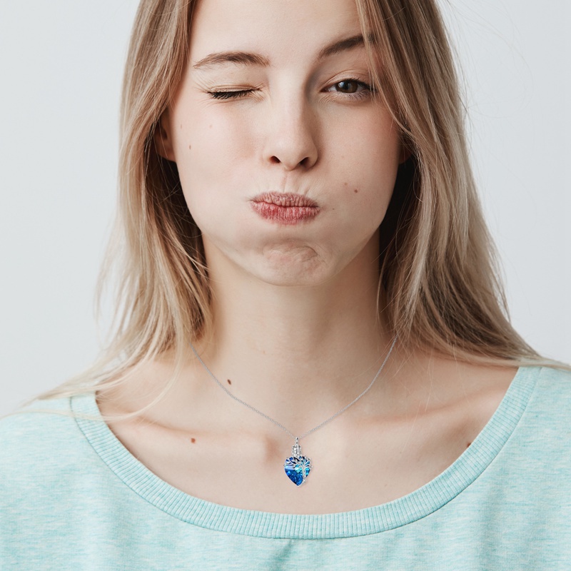 Perhiasan Cremasi Hati Sterling Silver Dengan Kristal Biru Pohon Kehidupan Guci Kalung