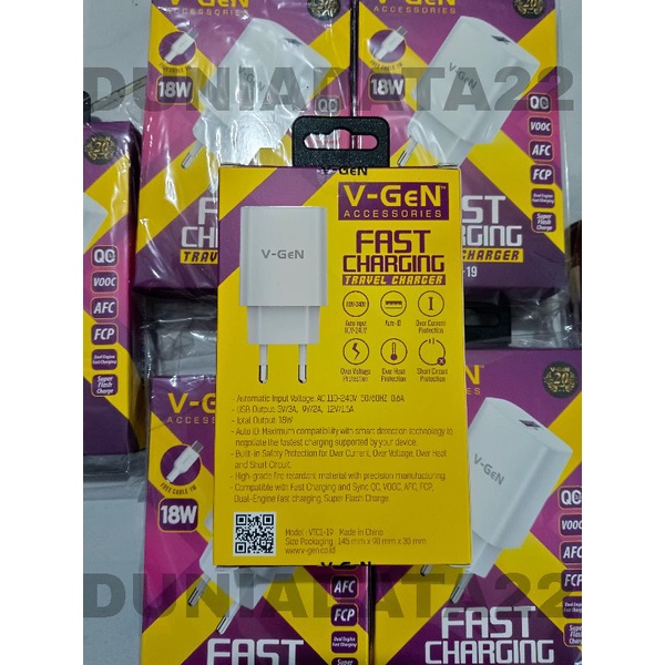 Travel Charger VGEN 2 USB VTC2-17 2.4A &amp; VTC1-19 18W FAST CHARGING - Adapter + Kabel data V-Gen