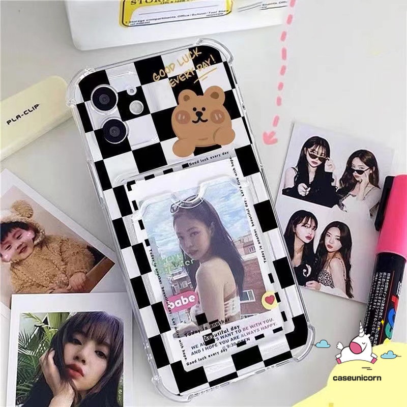 IPHONE Casing Ponsel Kompatibel Untuk Iphone14 11 13 12 Pro Max7 8 6 6s Plus XR X XS Max Se2020Motif Kartun Lucu Beruang Kotak-Kotak Transparan Lembut Dompet Slot Kartu Holder Cover